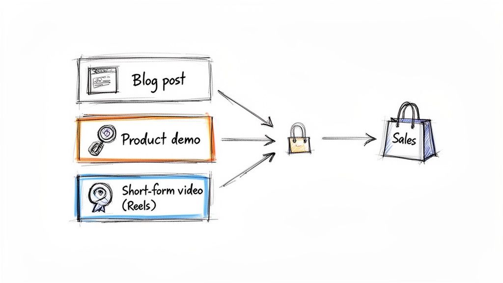 Diagram showing content like blog posts, product demos, and videos driving through a funnel to sales.