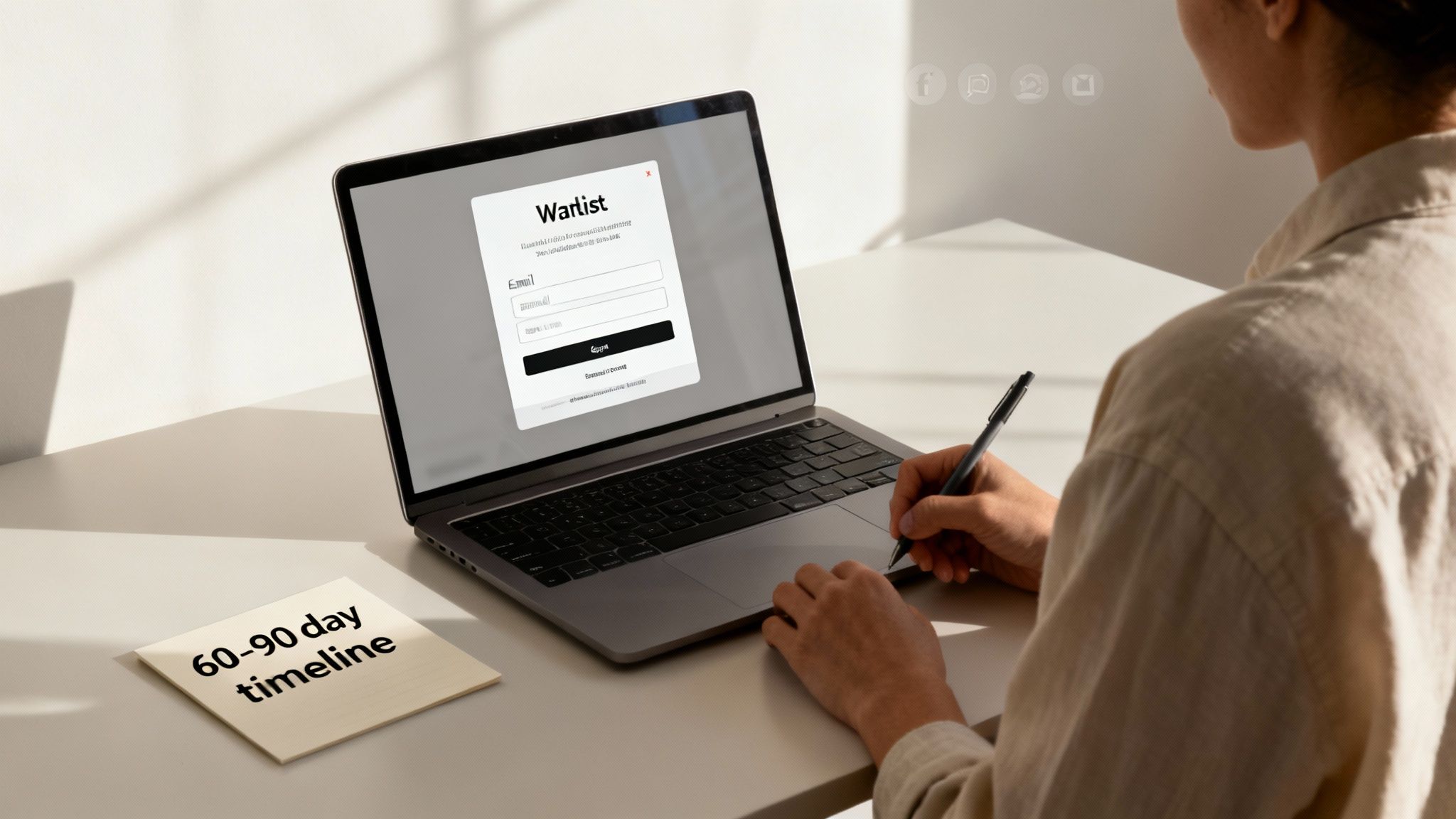 Woman reviewing product launch timeline at laptop with waitlist signup form displayed on screen
