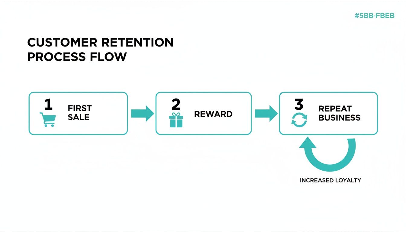 Flowchart illustrating the customer retention process: first sale, reward, repeat business, leading to increased loyalty.