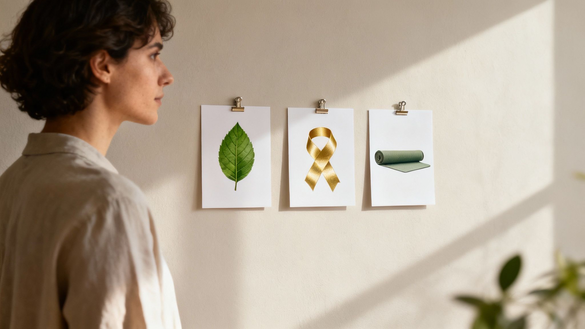 A woman looks at three pictures on a wall: a leaf, a golden ribbon, and a yoga mat.