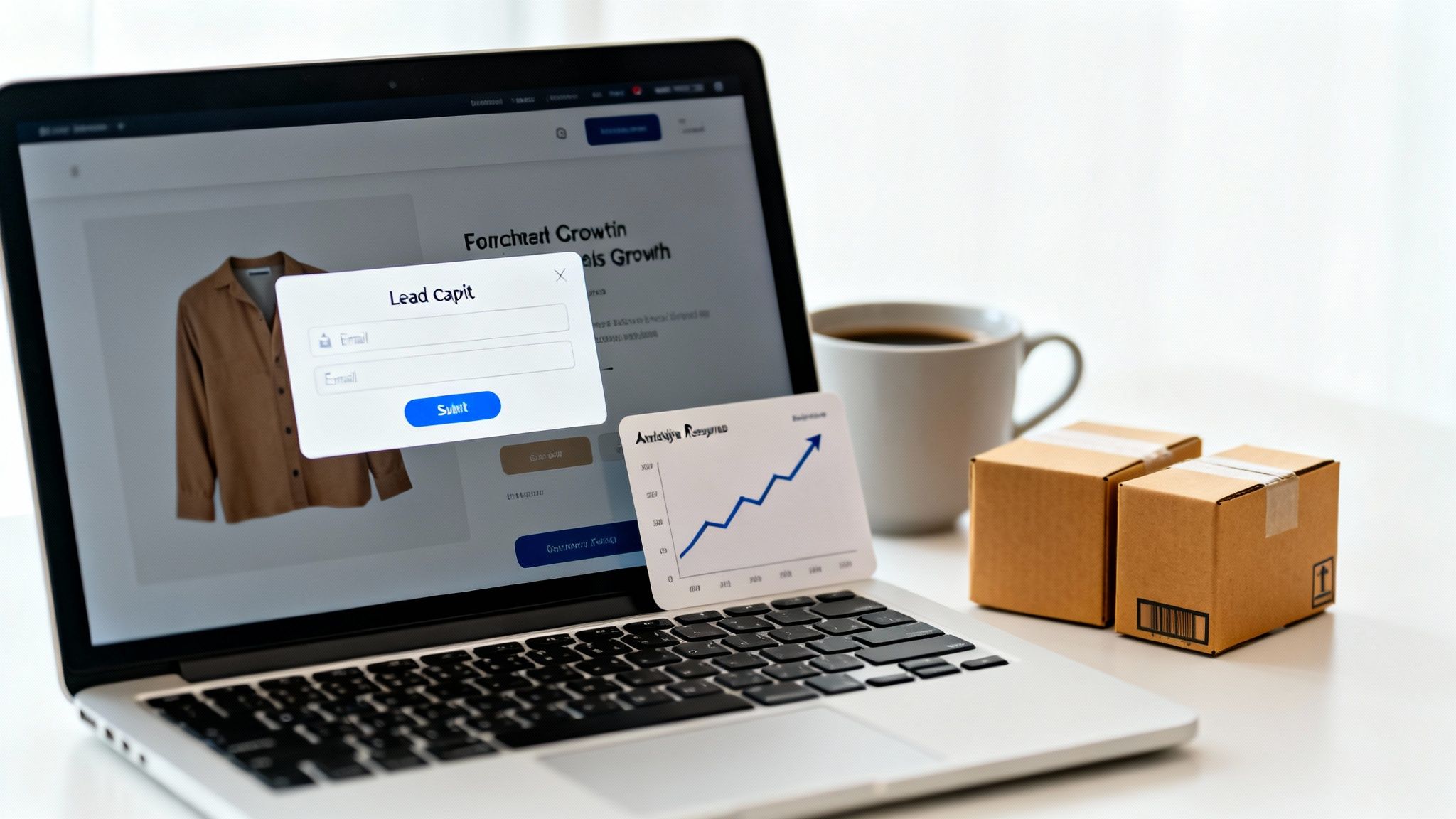 Laptop displaying a lead capture form on screen, alongside a coffee cup, small boxes, and a business growth graph.