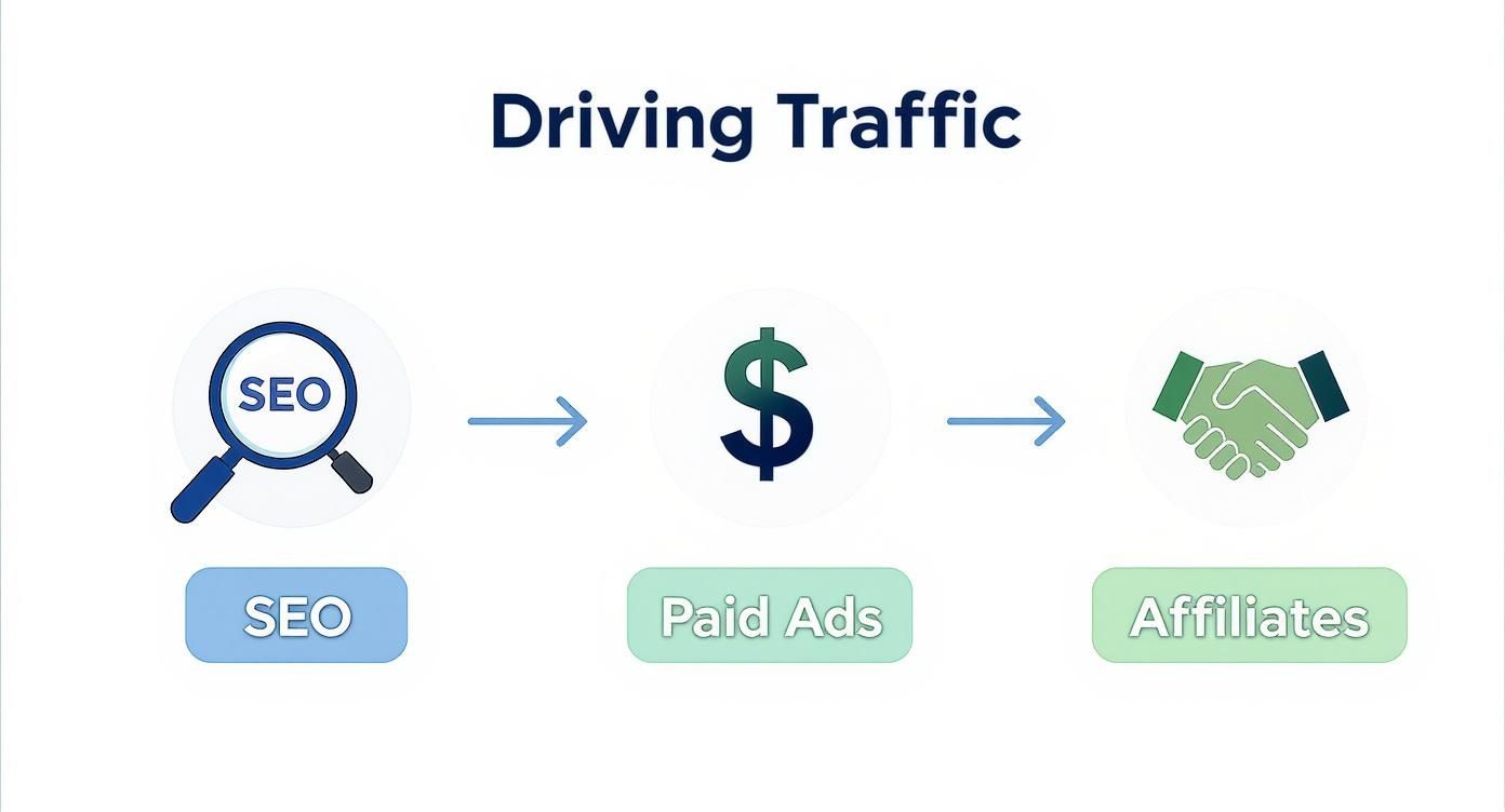 Infographic illustrating three key strategies for driving traffic: SEO, Paid Ads, and Affiliates.