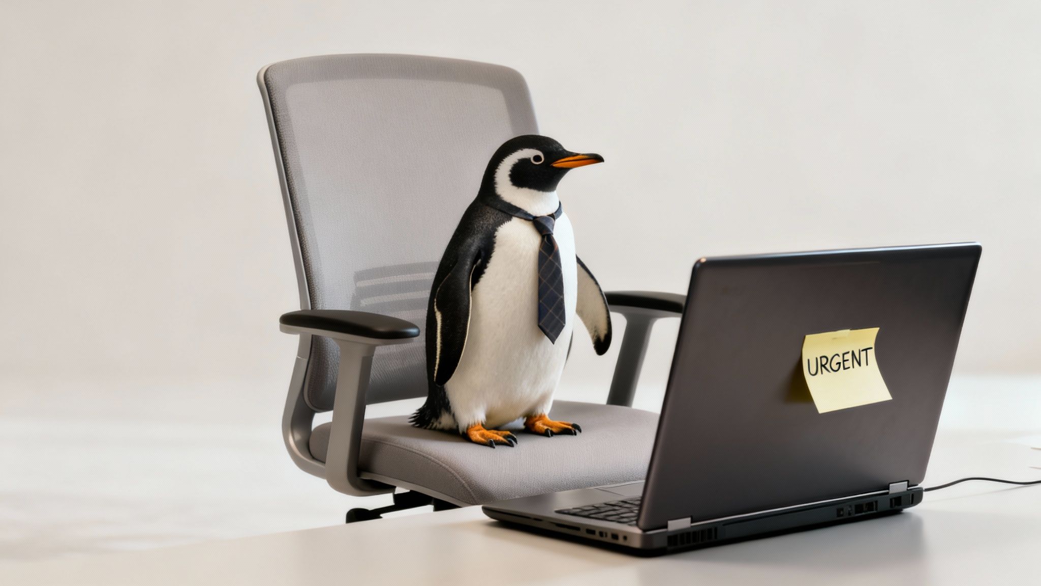 A business penguin in a tie sits on an office chair looking at a laptop with an "URGENT" sticky note.