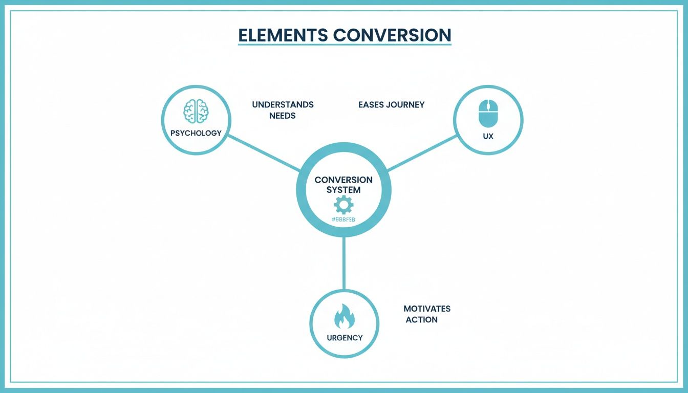 A diagram illustrating how psychology, UX, and urgency connect to a conversion system.
