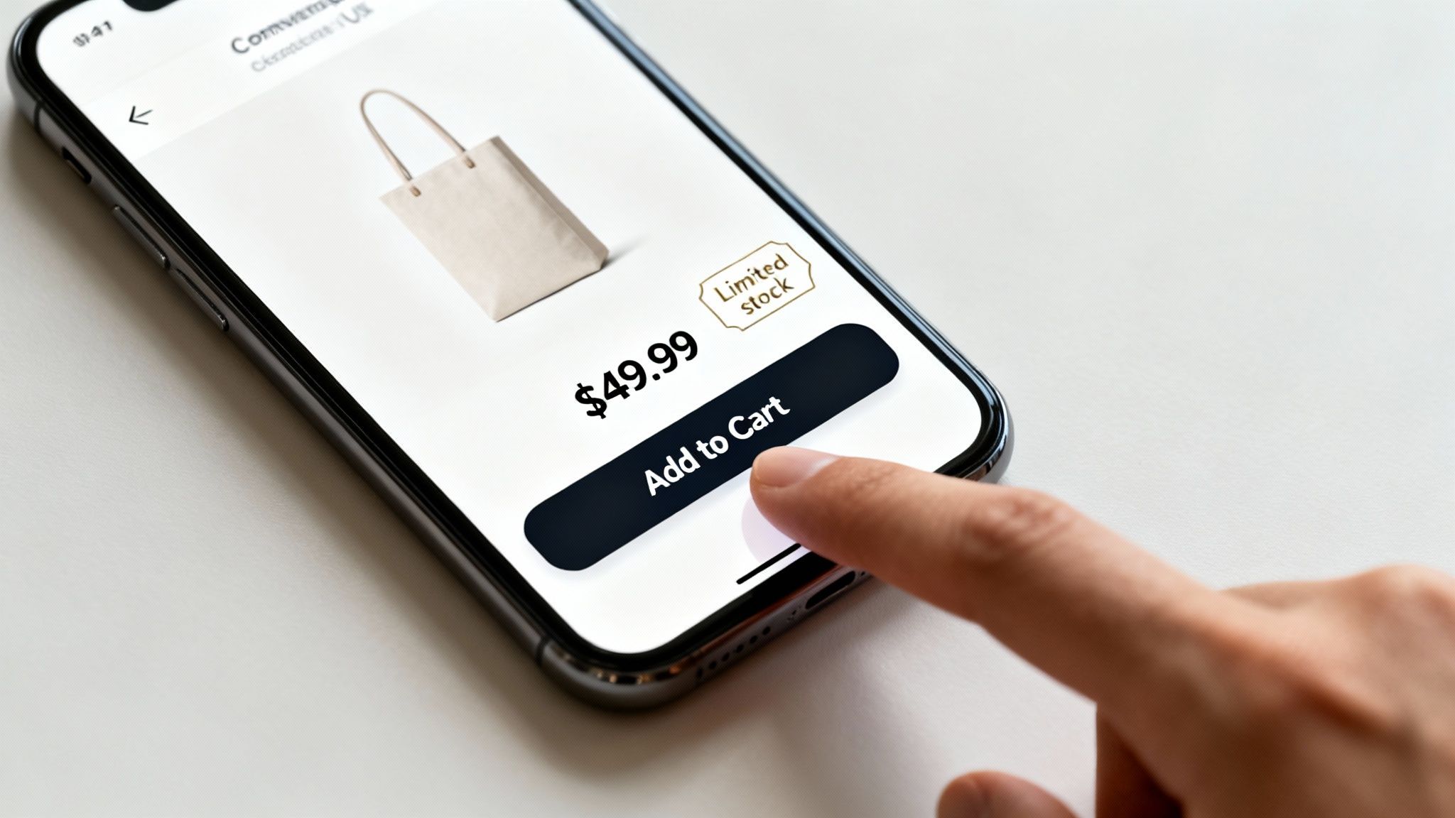 Hand tapping an 'Add to Cart' button on a smartphone displaying a tote bag product page.