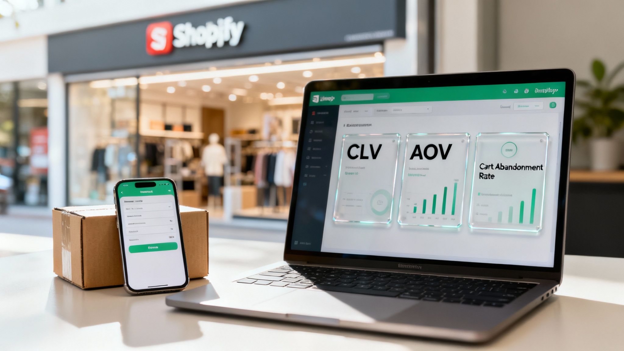 An e-commerce sales performance dashboard showing key metrics like AOV and conversion rate