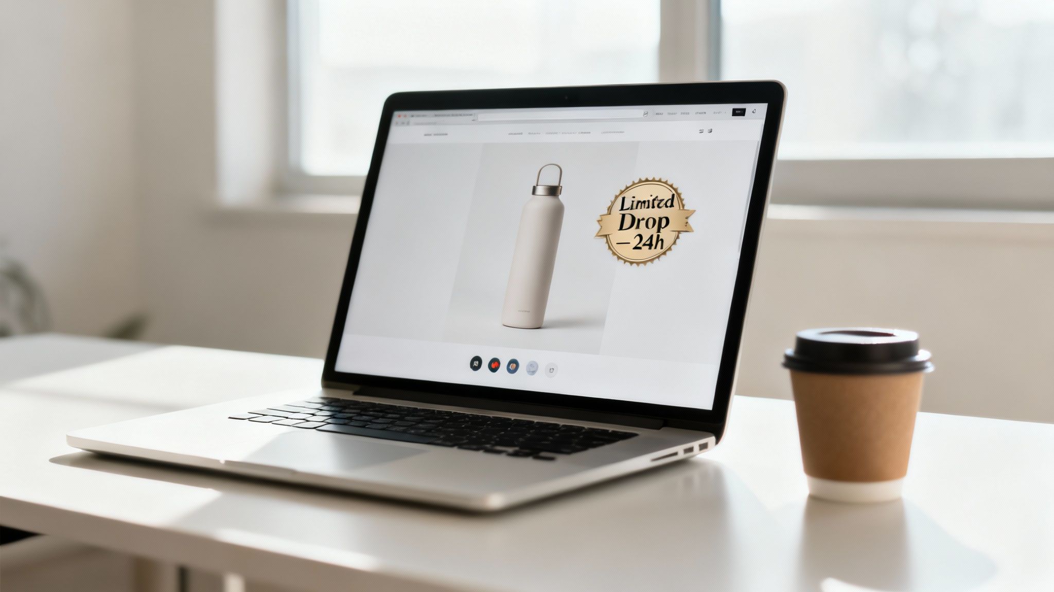 A laptop screen displays an e-commerce page featuring a beige water bottle with a 'Limited Drop' badge.