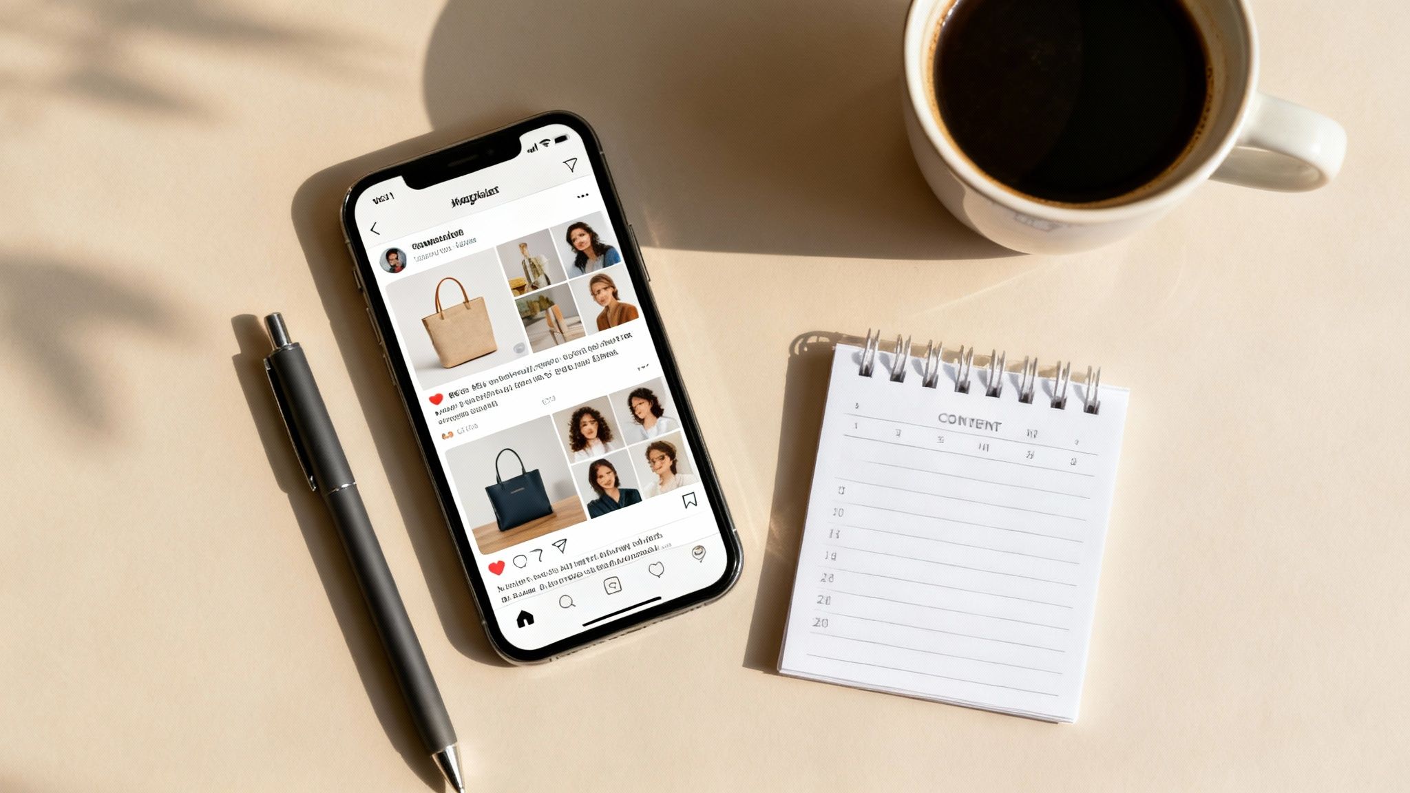 Overhead shot of a workspace with a smartphone displaying an online store for bags, coffee, pen, and a notepad.