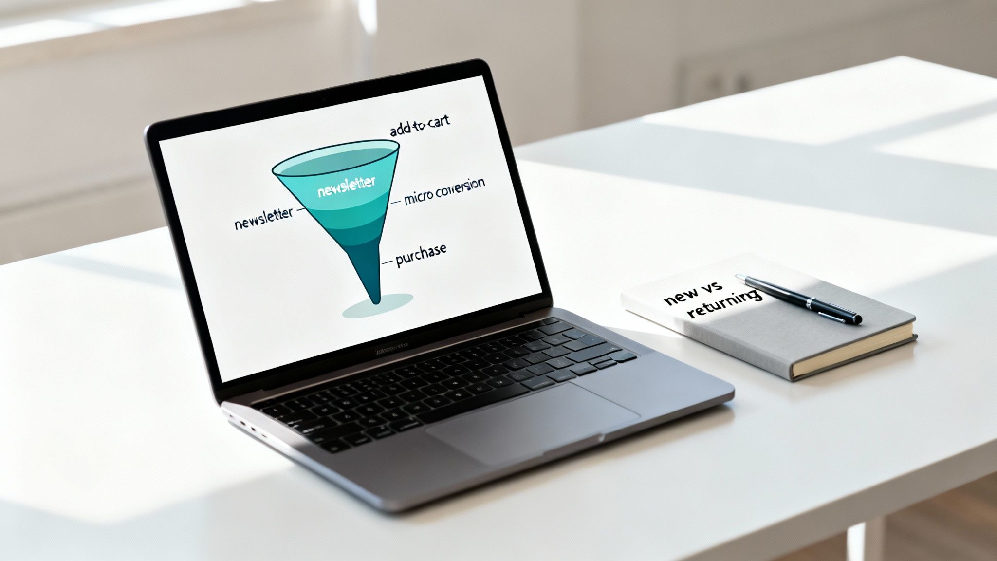 Laptop displaying sales funnel diagram with stages from newsletter signup to purchase conversion