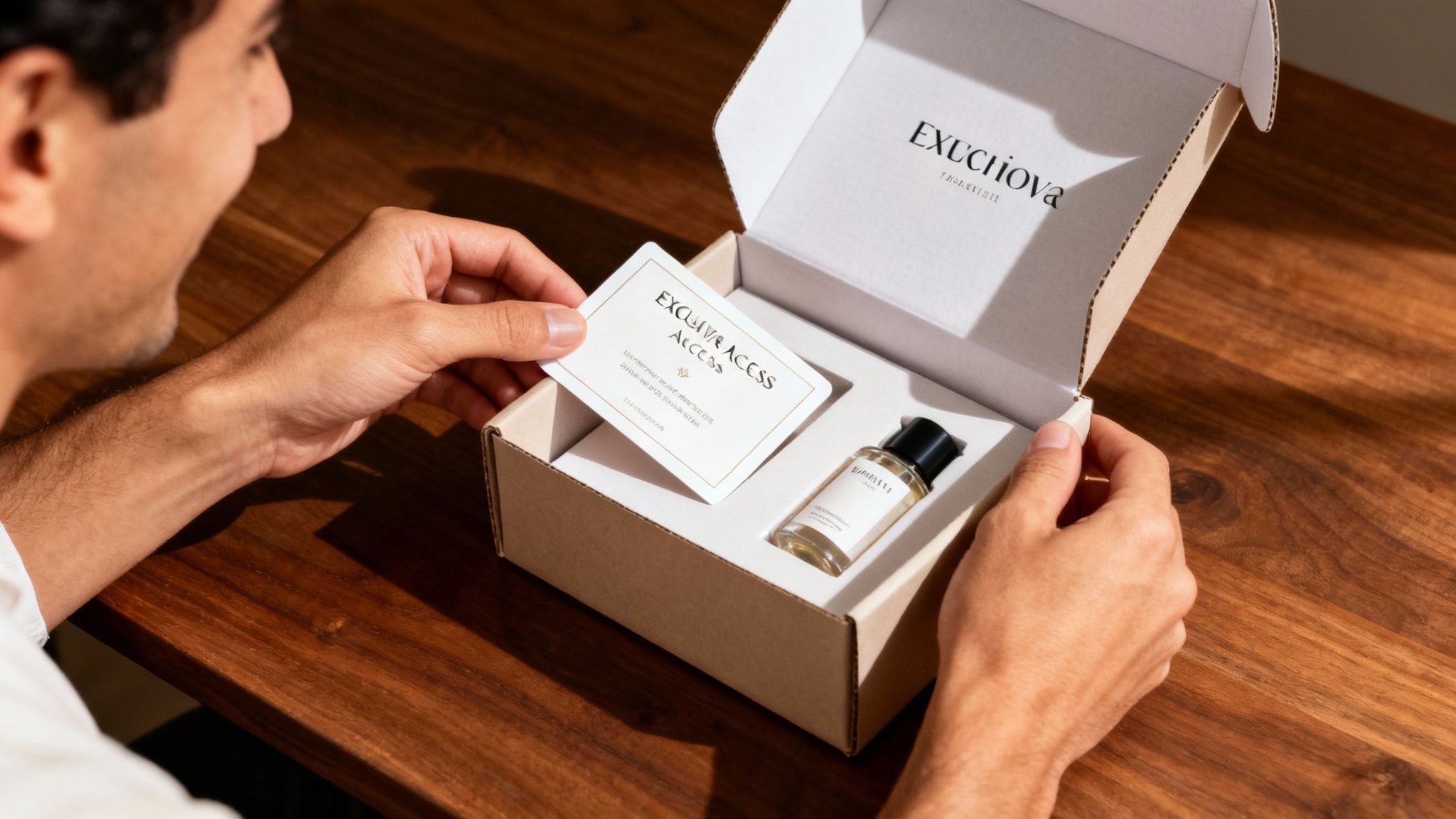 A man happily opening a package containing a perfume bottle and an "Exclusive Access" card.