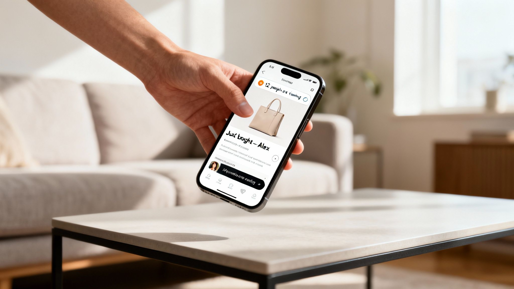 A hand holds a smartphone showing a shopping app with a beige handbag and a 'Just bought - Alex' notification.