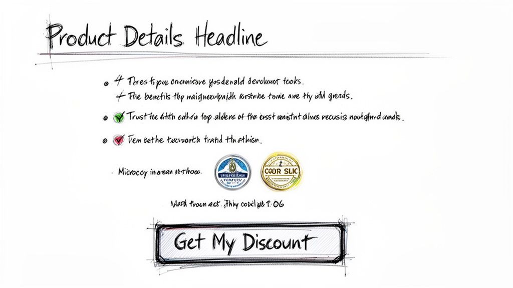 Hand-drawn product details page outlining features, benefits, and a call-to-action for a discount.