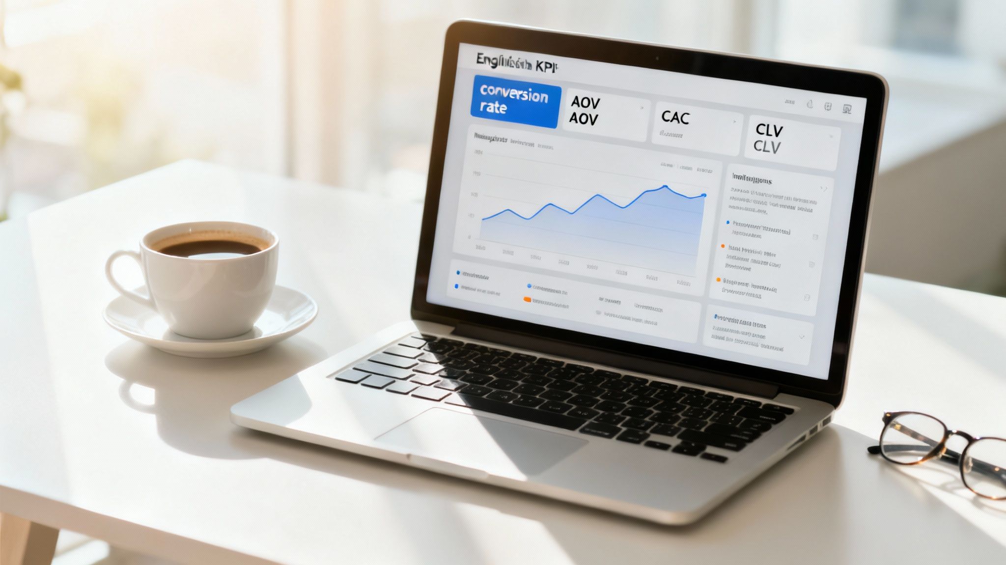 A laptop on a white desk displays an e-commerce KPI dashboard, next to a coffee cup and glasses.