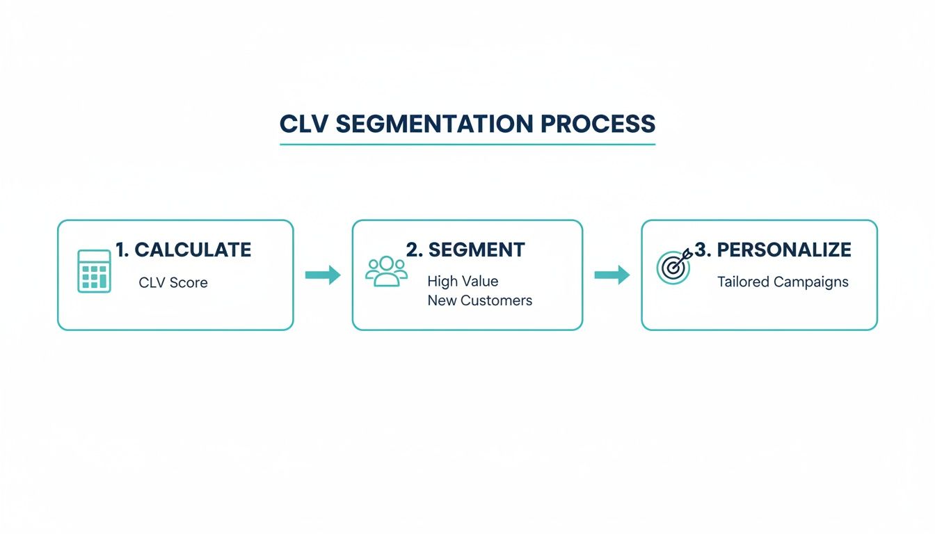 A three-step diagram illustrating the CLV segmentation process: calculate CLV score, segment customers, and personalize campaigns.