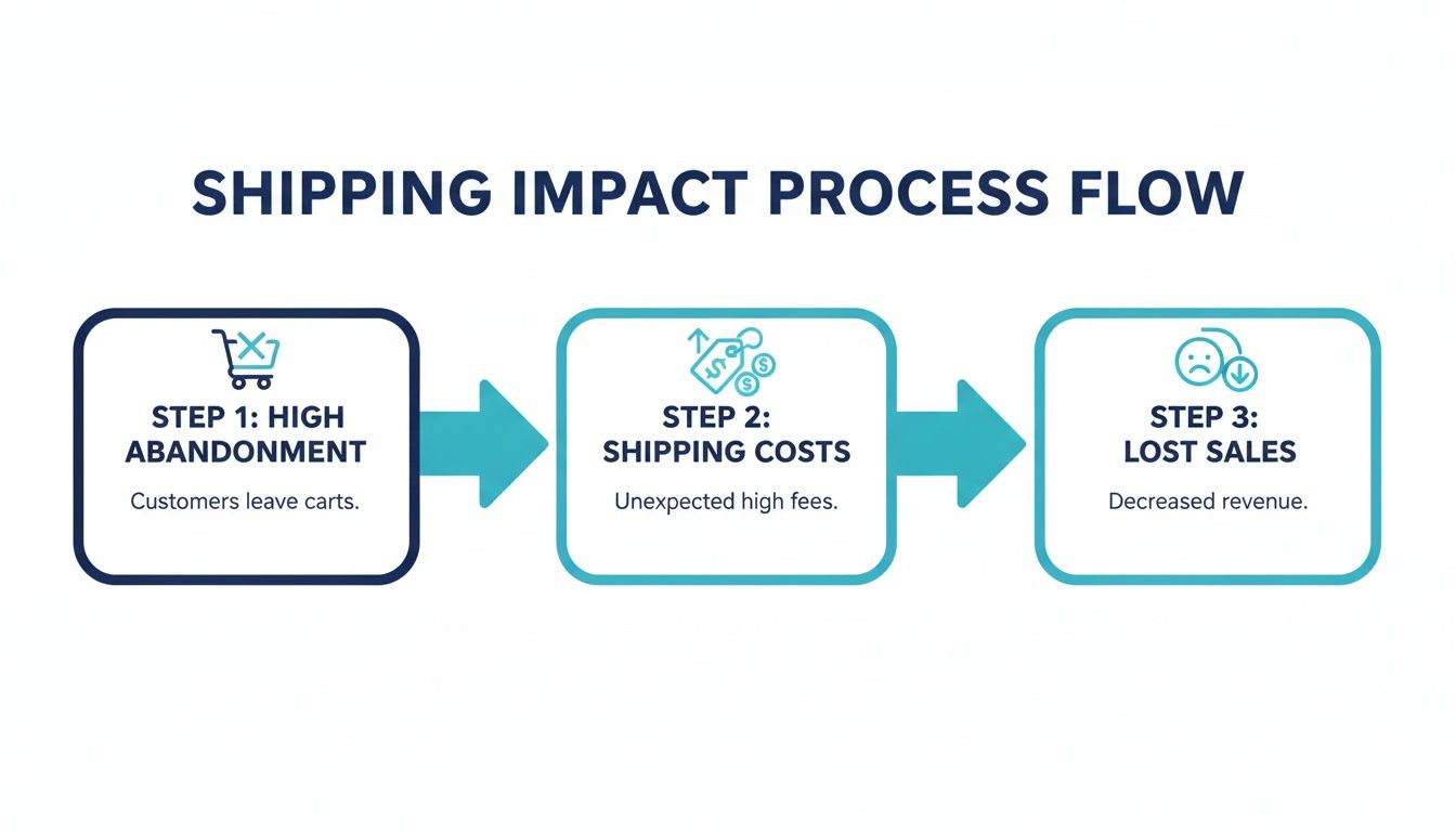 A shipping impact process flow illustrating high cart abandonment, unexpected costs, and lost sales.