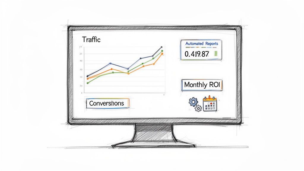 A sketch of a computer monitor displaying a marketing dashboard with traffic, conversions, automated reports, and monthly ROI.