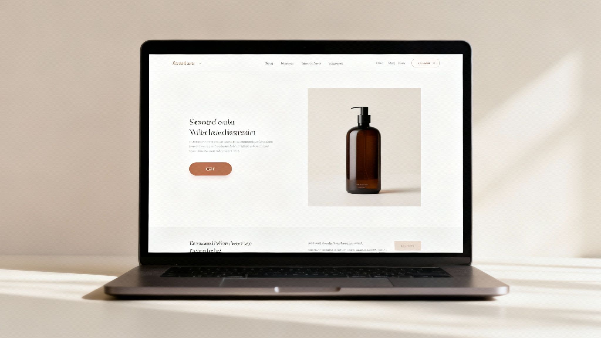 A modern laptop displays a clean website design with a product bottle and promotional text.
