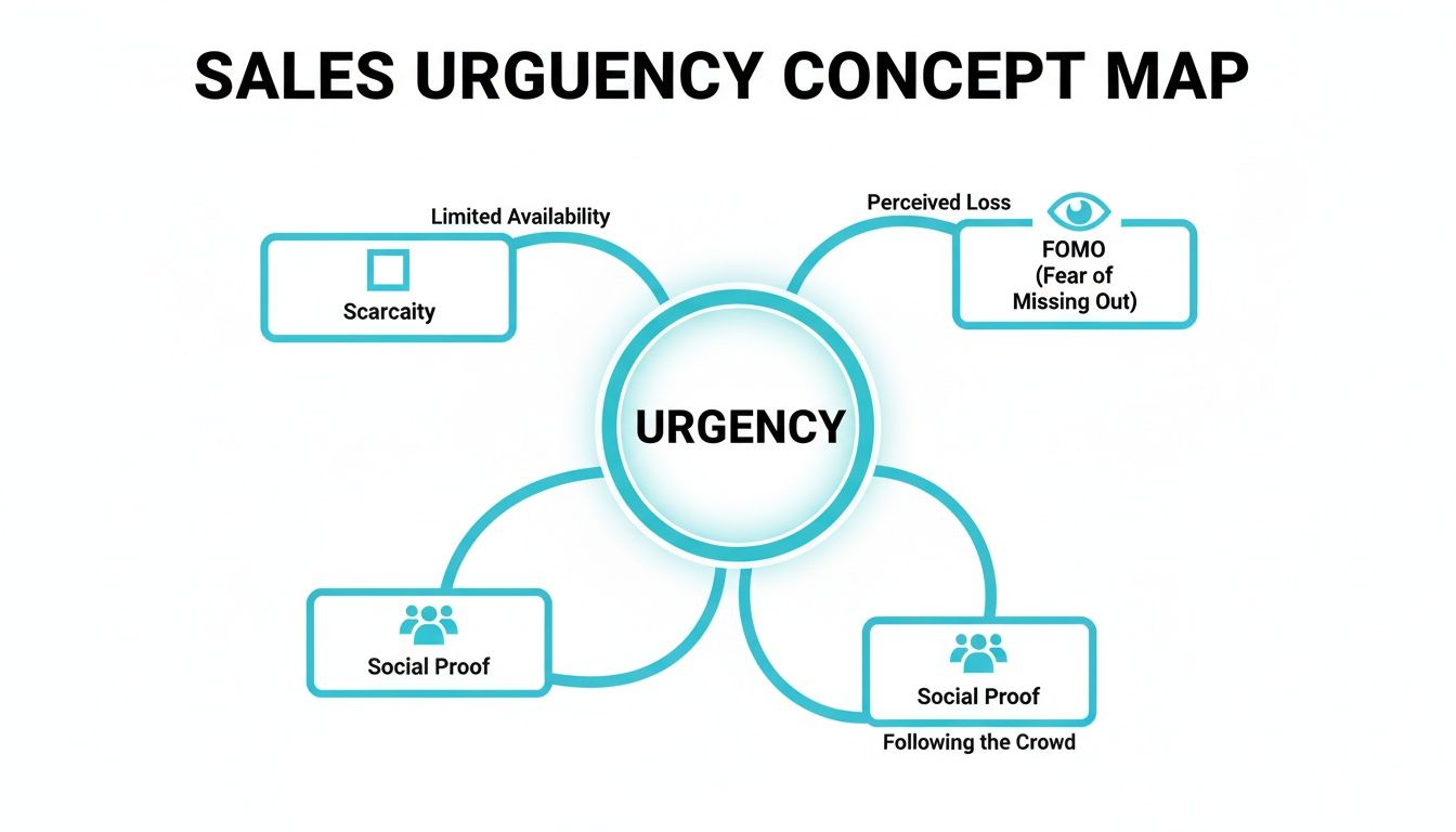 A concept map illustrating sales urgency, detailing factors like scarcity, FOMO, and social proof.