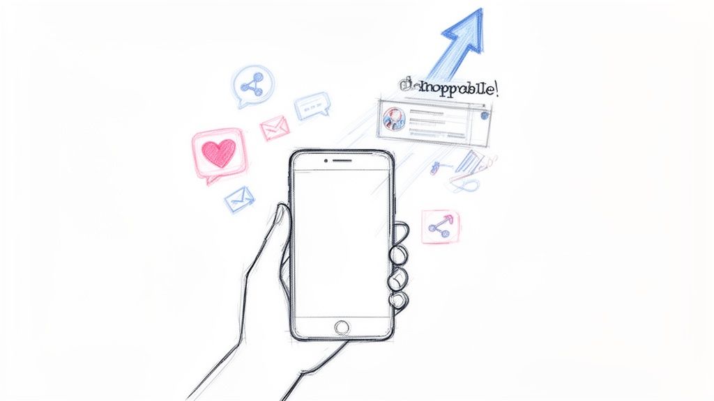 Illustration of a hand holding a smartphone, surrounded by social media icons and a rising 'shoppable' post.