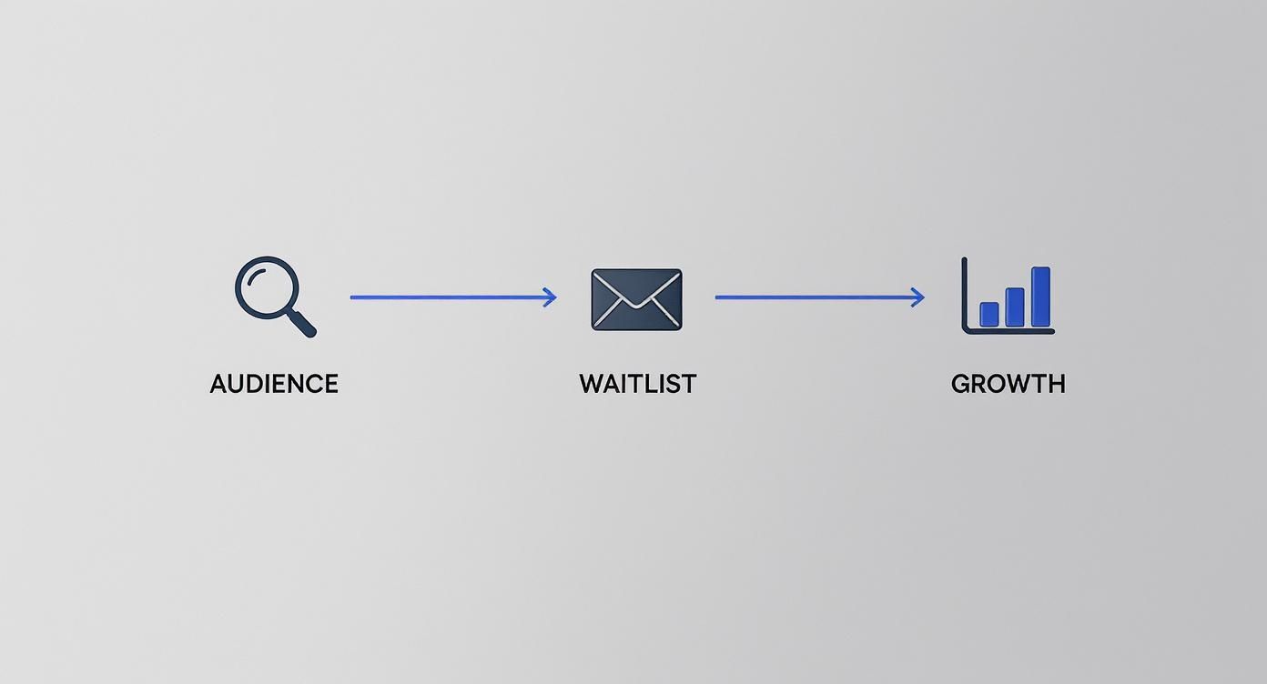 Three-step marketing funnel diagram showing audience research, waitlist building, and growth analytics process