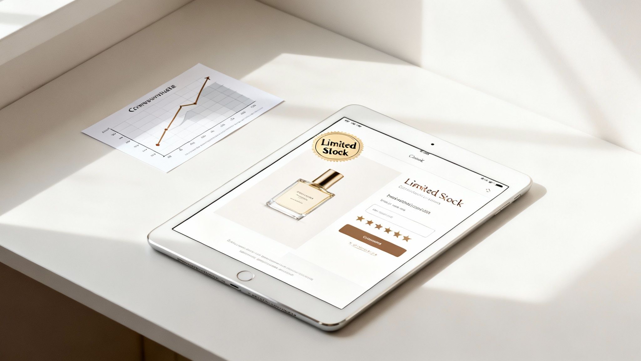 White tablet displays a perfume product page with 'Limited Stock' beside a paper showing an upward trending graph on a light desk.
