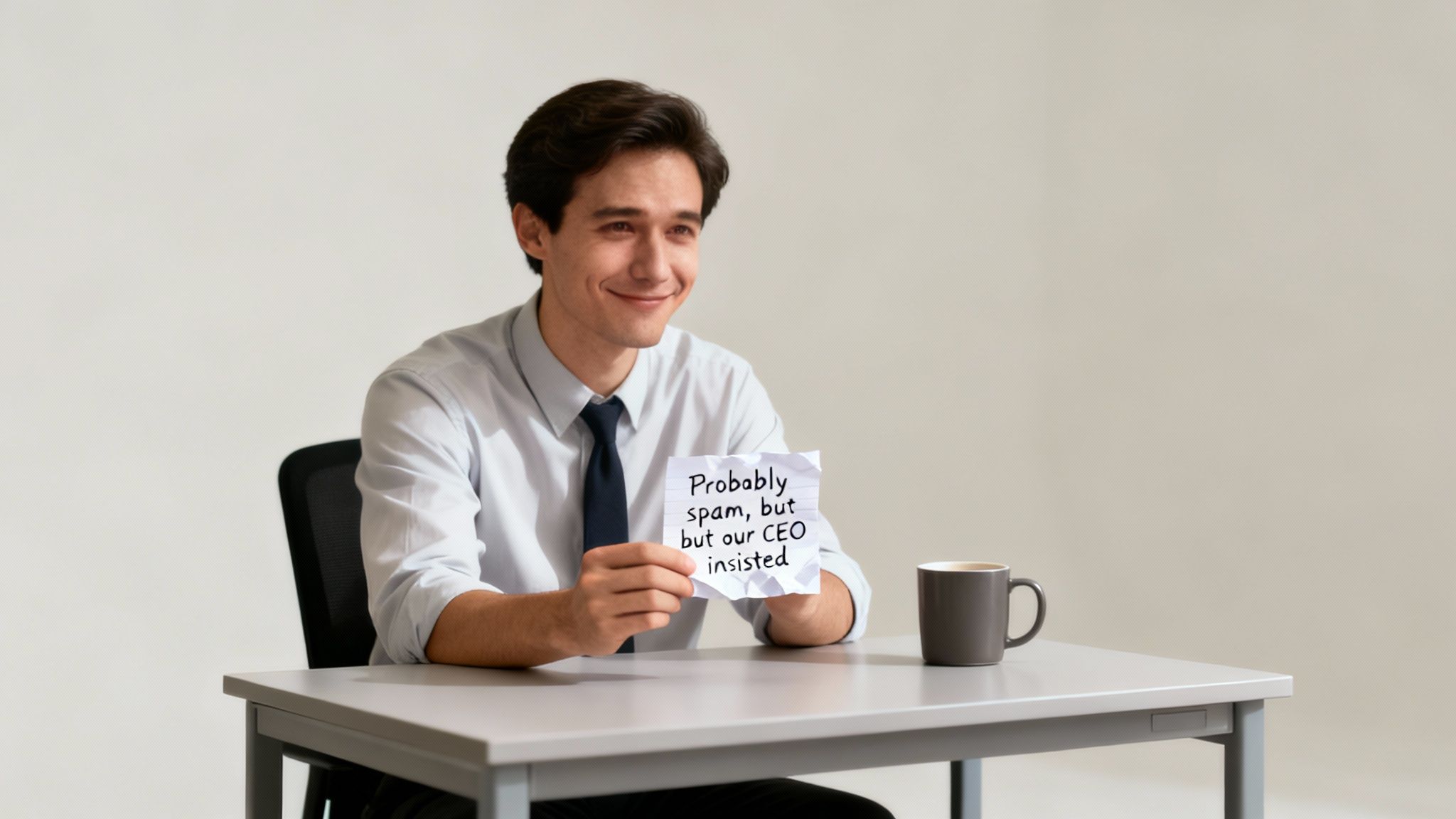 A smiling man in a shirt and tie holds a crumpled note that says 'Probably spam, but our CEO insisted'.