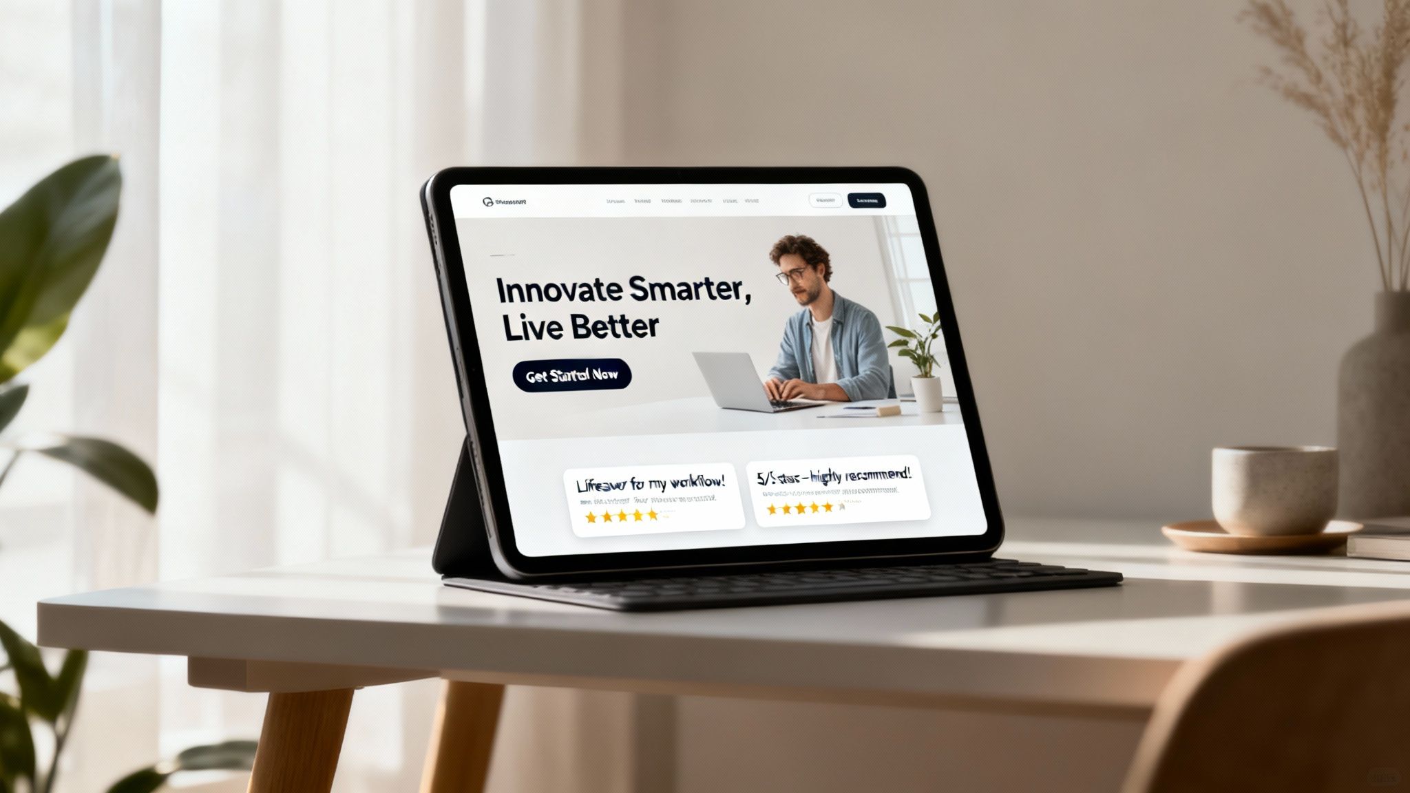 Tablet displaying modern website with innovation tagline and customer testimonials on minimalist desk