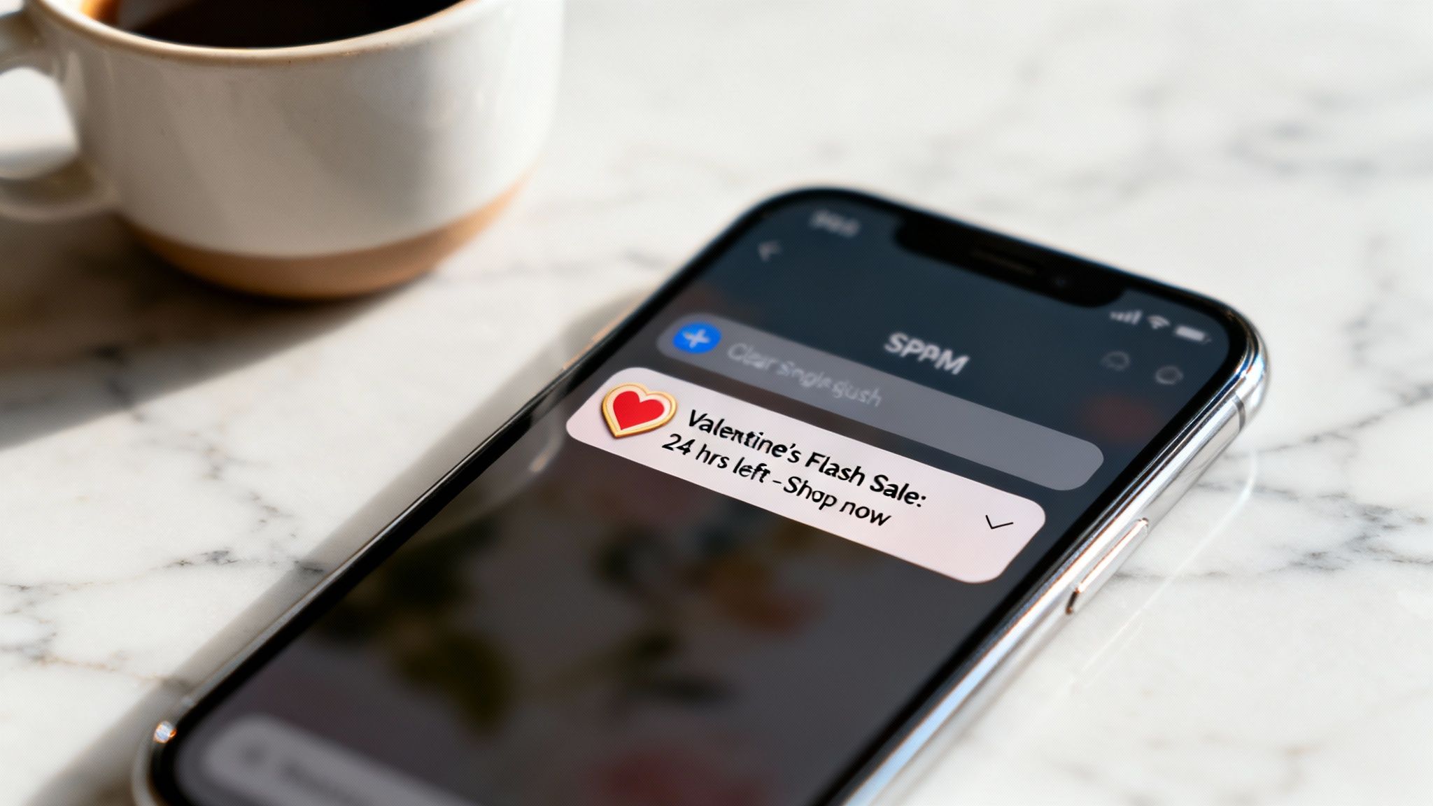 A smartphone displays a Valentine's Flash Sale notification with a heart icon, next to a coffee cup.