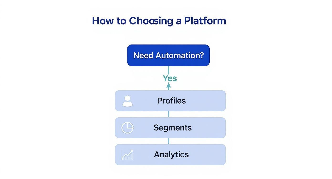 An infographic decision tree showing that if you need automation, you should look for features like customer profiles, segmentation, and analytics.