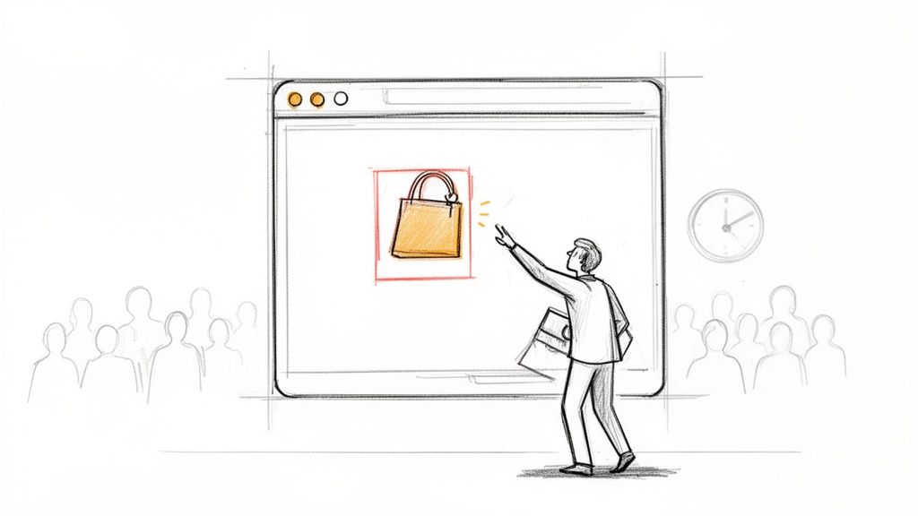Sketch of a man reaching for a glowing online shopping bag in a browser, with a crowd and clock in background.
