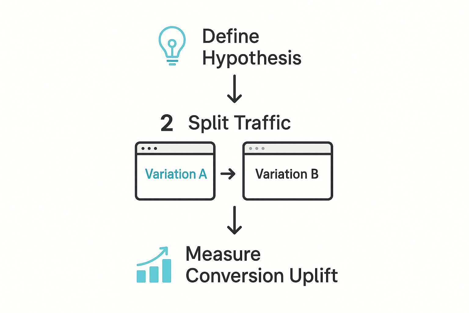 An infographic illustrating the A/B testing workflow, showing the steps: Define Hypothesis, Split Traffic into Variation A and B, and Measure Conversion Uplift.