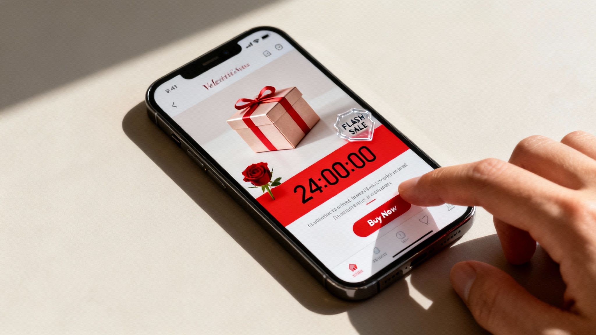 A hand taps a smartphone displaying a Valentine's Day flash sale with a gift box, rose, and countdown.