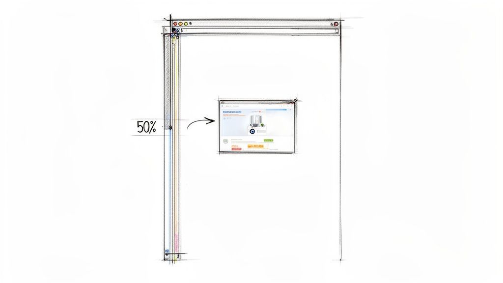 Hand-drawn sketch of a web browser window with a scrollbar at 50% and a pop-up advertisement.