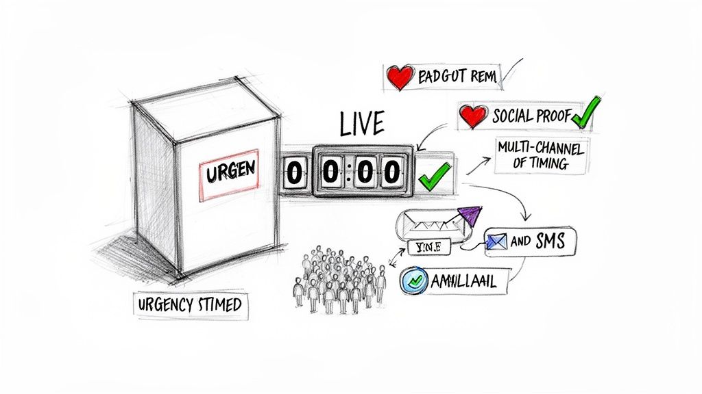 Hand-drawn sketch illustrating a conversion optimization strategy, featuring urgency, a live countdown timer, social proof, and multi-channel communication.