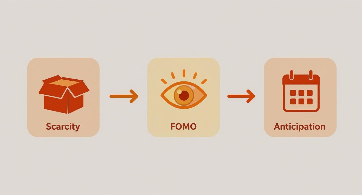 A marketing diagram showing scarcity leading to FOMO and then to anticipation, using icons.