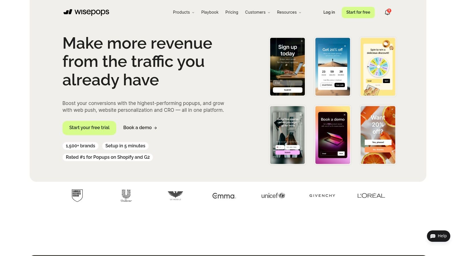 Wisepops showcase of pop-up examples, highlighting various designs for different marketing goals.