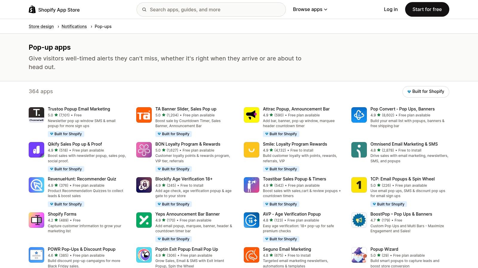 Shopify App Store – Pop-up apps category
