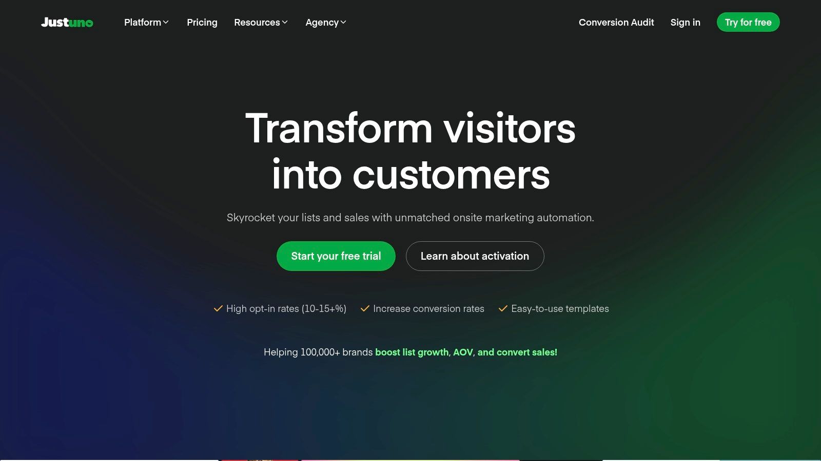 Justuno dashboard showcasing a visual editor for creating a pop-up advertising example with various layers and design elements.
