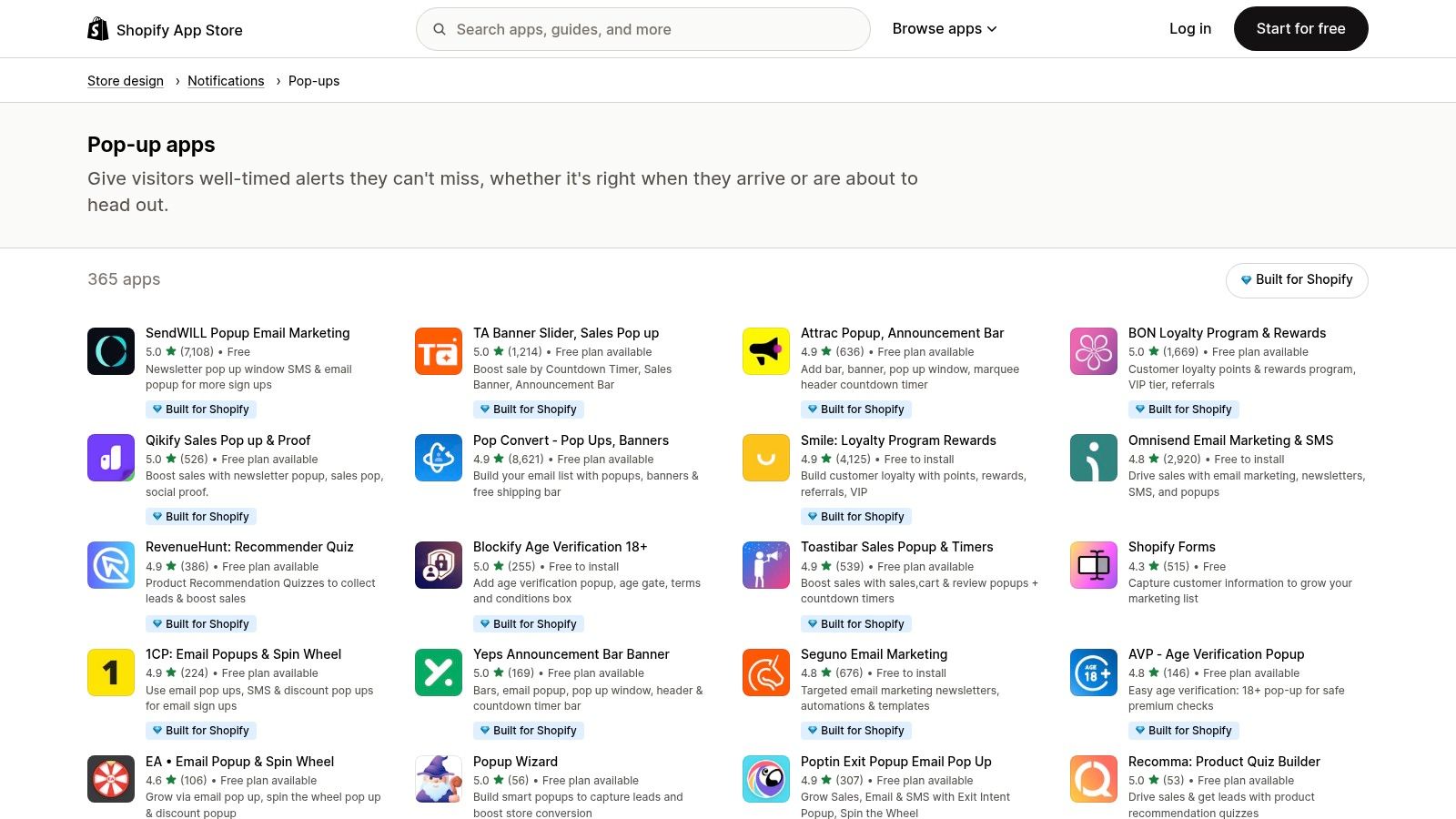 Shopify App Store — Pop‑ups Category