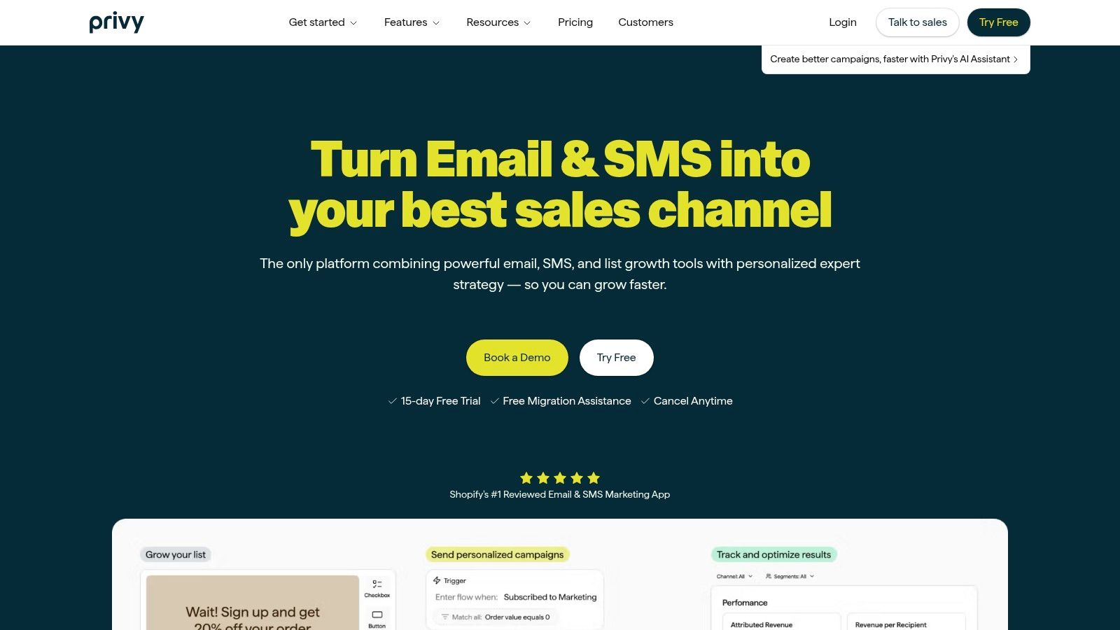 Privy (by Attentive) dashboard showcasing pop-up creation and marketing automation features for an e-commerce store.