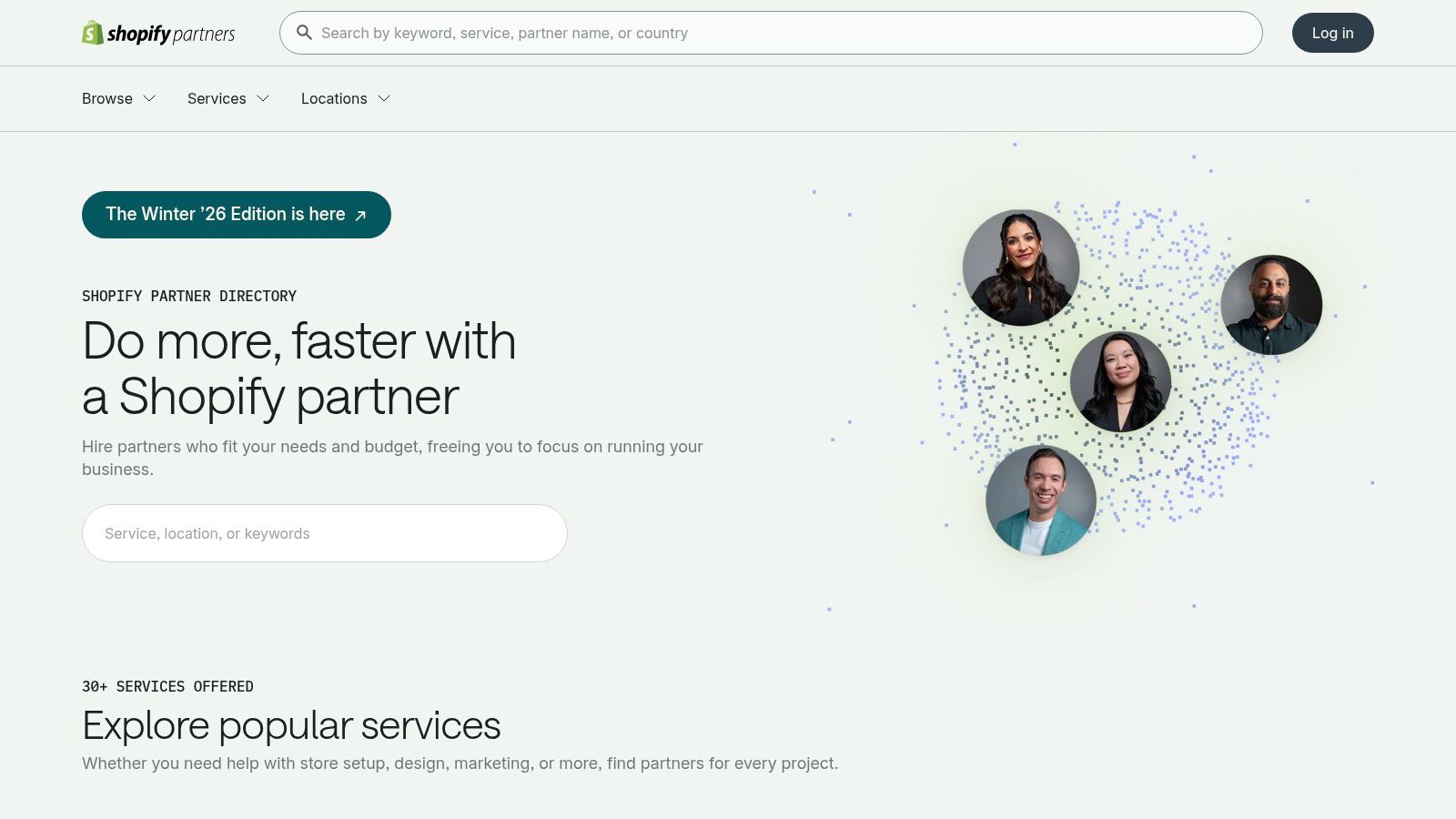 A screenshot of the Shopify Partner Directory, showing how brands can filter and search for qualified Shopify experts.