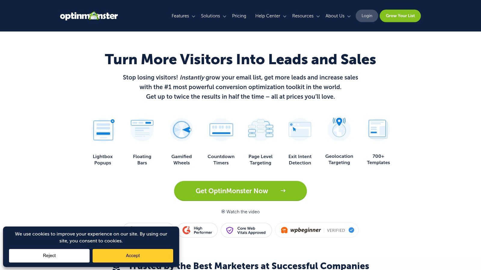 OptinMonster dashboard showing various campaign types and analytics for a pop-up advertising example.