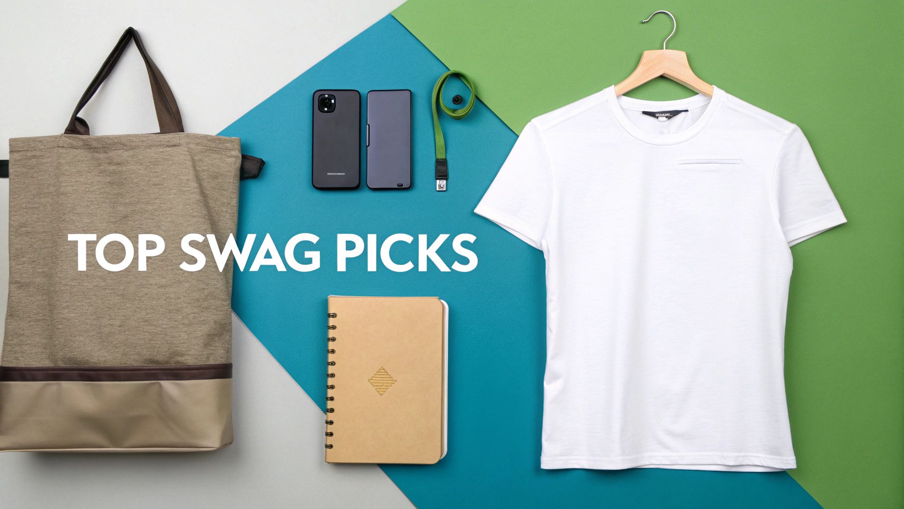 A flat lay of top swag picks including a tote bag, smartphone, power bank, notebook, and t-shirt.