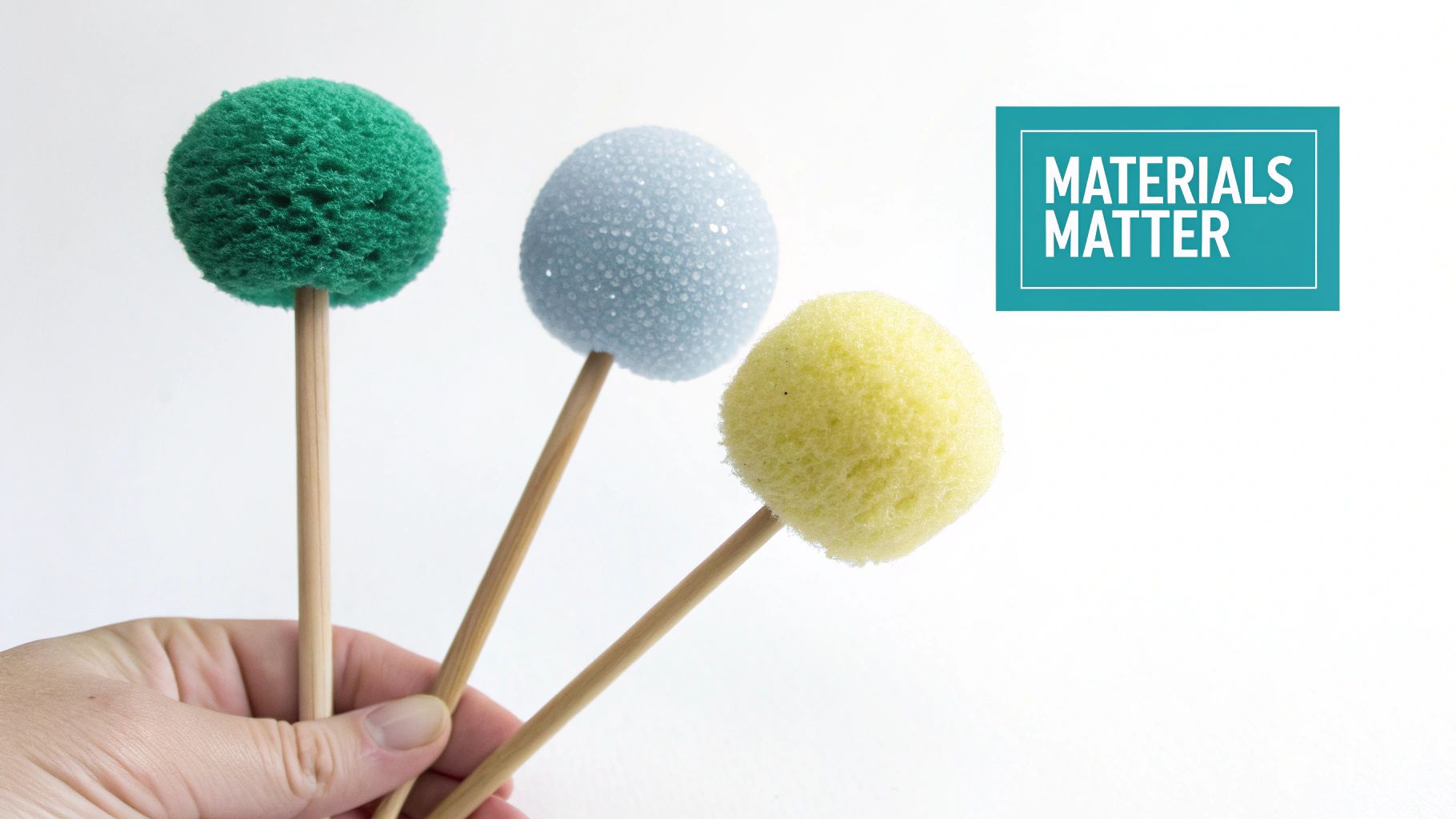 A hand holds three decorative poms on wooden sticks: green, blue, and yellow, with 'MATERIALS MATTER' text.