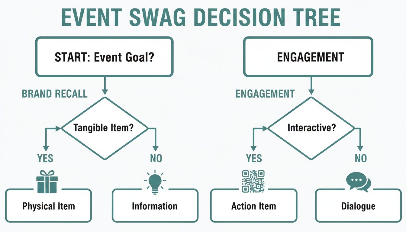 Flowchart illustrating an event swag decision tree based on event goals like brand recall and engagement.