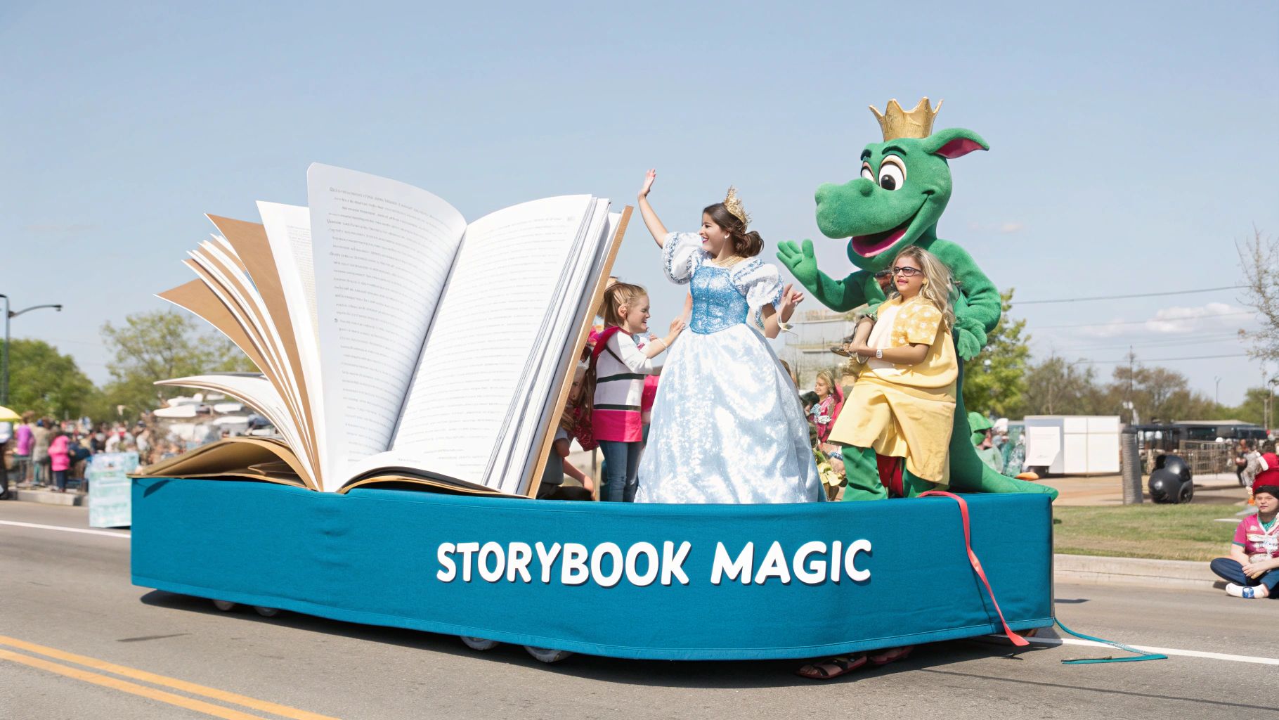 A vibrant Storybook Magic parade float featuring a princess, dragon mascot, and children waving to the crowd.