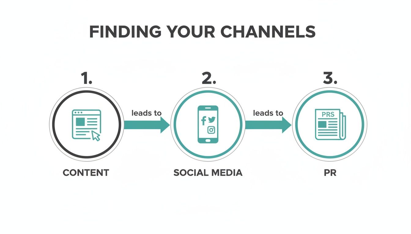 A marketing channels diagram showing Content leading to Social Media, which then leads to PR.