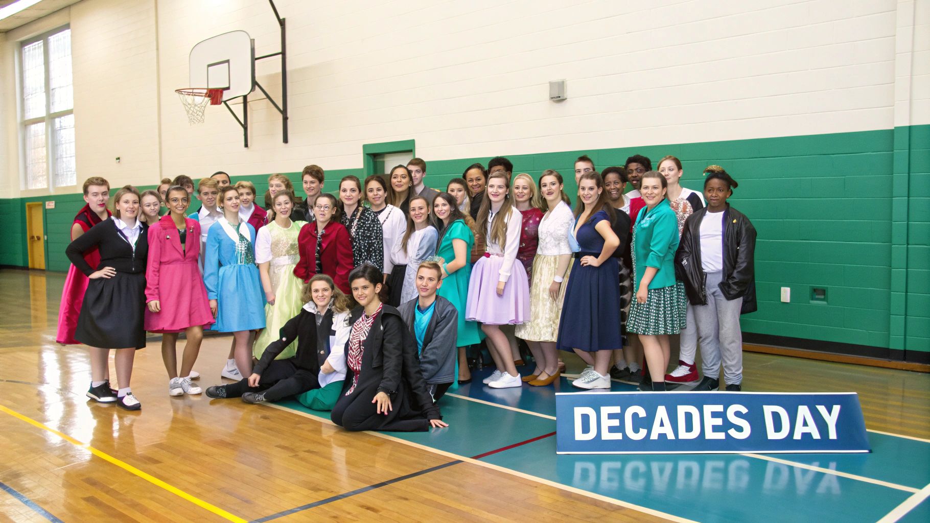 A large group of students in various period costumes gather in a gymnasium for Decades Day.