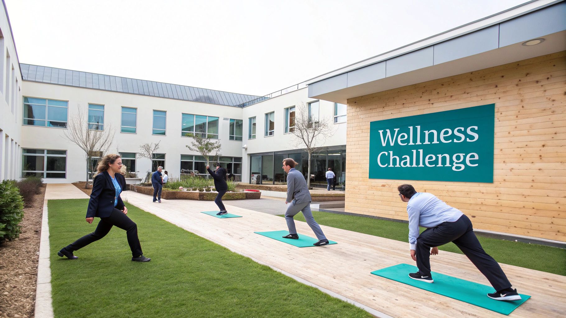 Business professionals exercise outdoors on mats during a 'Wellness Challenge' event in a courtyard.