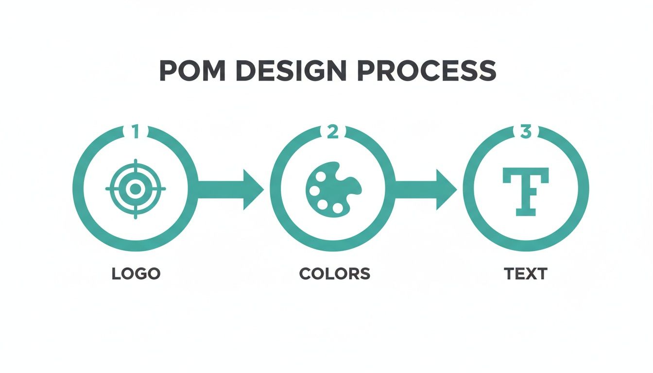 A graphic outlining the POM design process, detailing steps for logo, colors, and text creation.